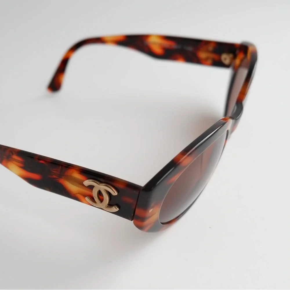 Auth CHANEL Havana Gold Tortoise Shell Sunglasses Gold CC Oval Cat eye ❤️‍🔥